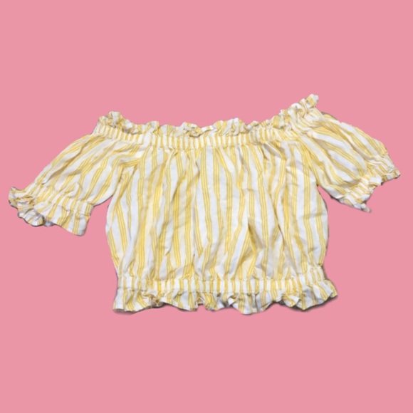 Forever 21 Tops - Stripped yellow cropped off the should shirt